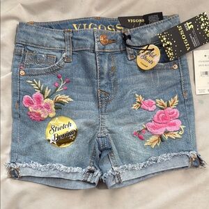 Vigoss Blue and Pink Jean Shorts with Floral Embroidery